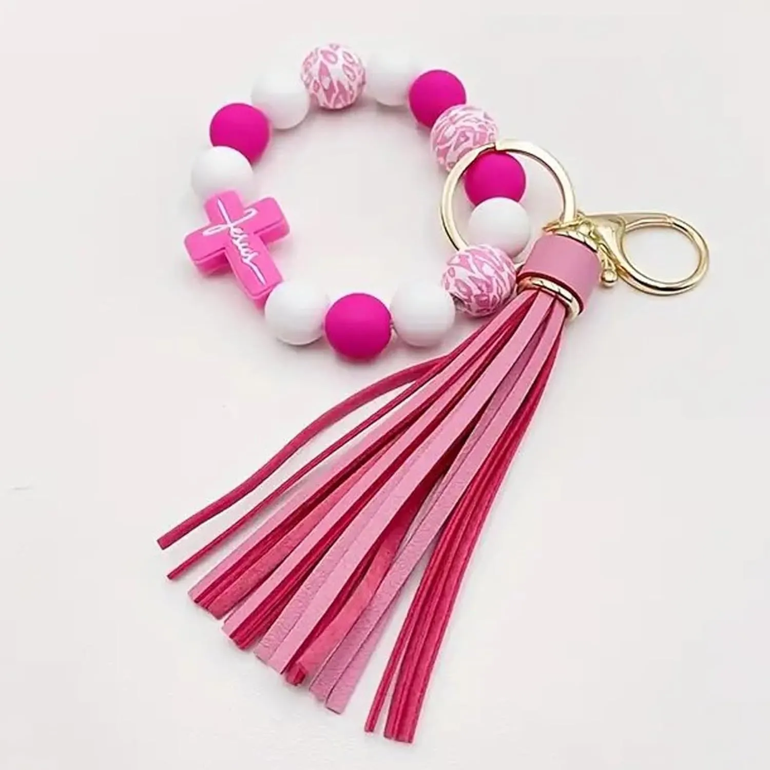 Wristlet Bracelet Keychain for Women,Silicone/Wood Cross Leopard Beaded Bracelet with PU Tassel,Clip Key Holder