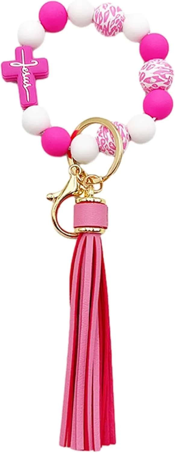 Wristlet Bracelet Keychain for Women,Silicone/Wood Cross Leopard Beaded Bracelet with PU Tassel,Clip Key Holder
