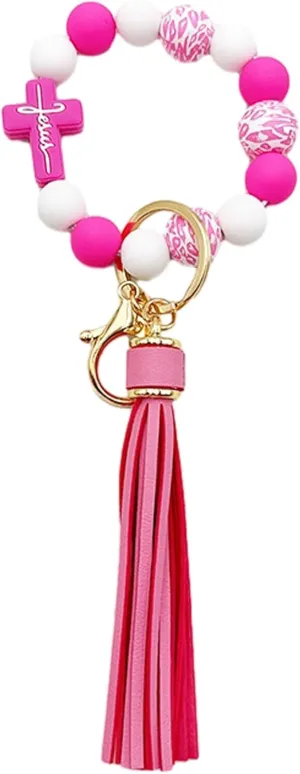 Wristlet Bracelet Keychain for Women,Silicone/Wood Cross Leopard Beaded Bracelet with PU Tassel,Clip Key Holder