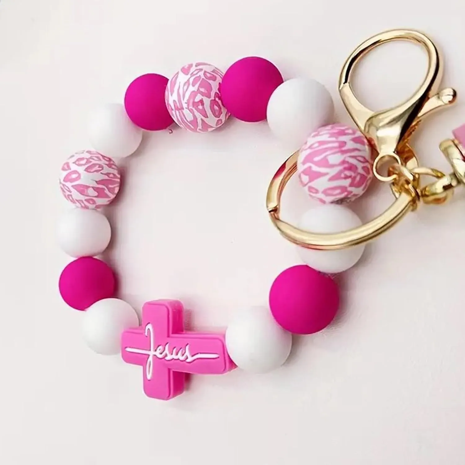 Wristlet Bracelet Keychain for Women,Silicone/Wood Cross Leopard Beaded Bracelet with PU Tassel,Clip Key Holder