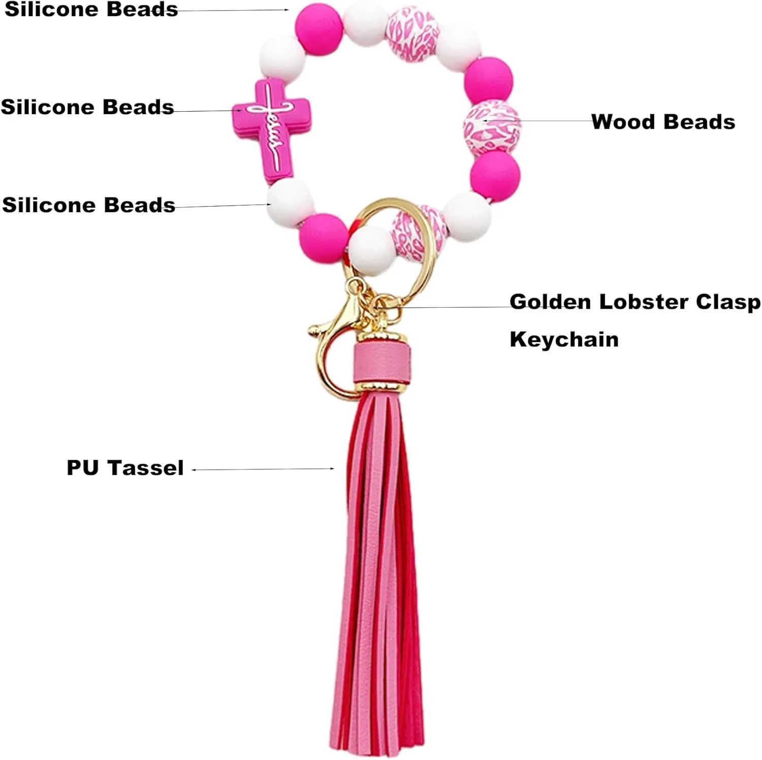 Wristlet Bracelet Keychain for Women,Silicone/Wood Cross Leopard Beaded Bracelet with PU Tassel,Clip Key Holder