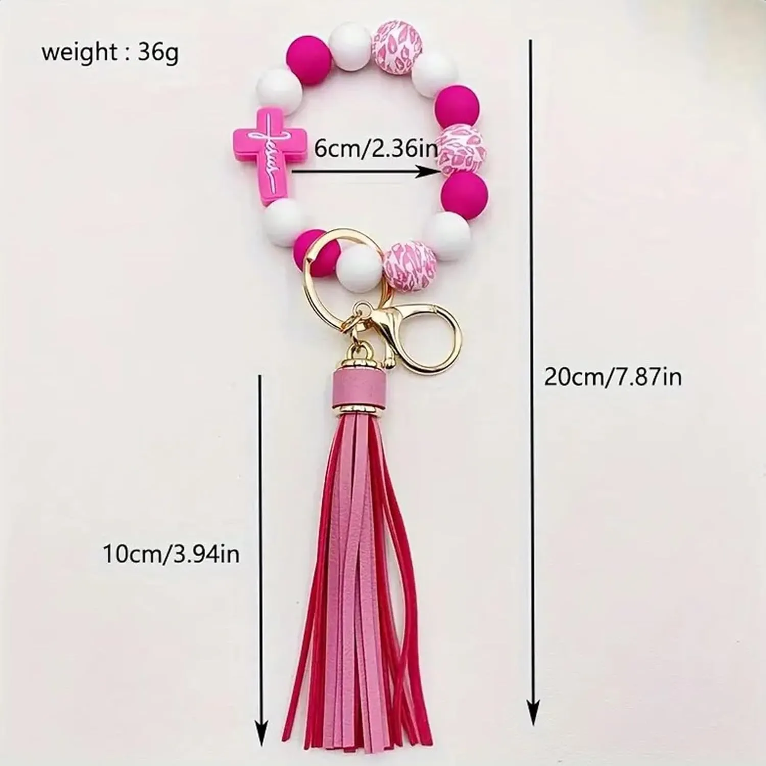 Wristlet Bracelet Keychain for Women,Silicone/Wood Cross Leopard Beaded Bracelet with PU Tassel,Clip Key Holder