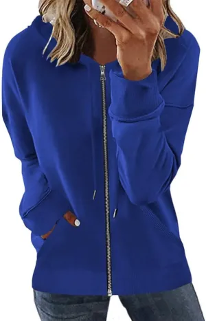 WROLEM Lightweight Full Zipper Sweatshirt Women Plus Size Drawstring Hoodie Coat Oversized Top V Neck Trending Jacket