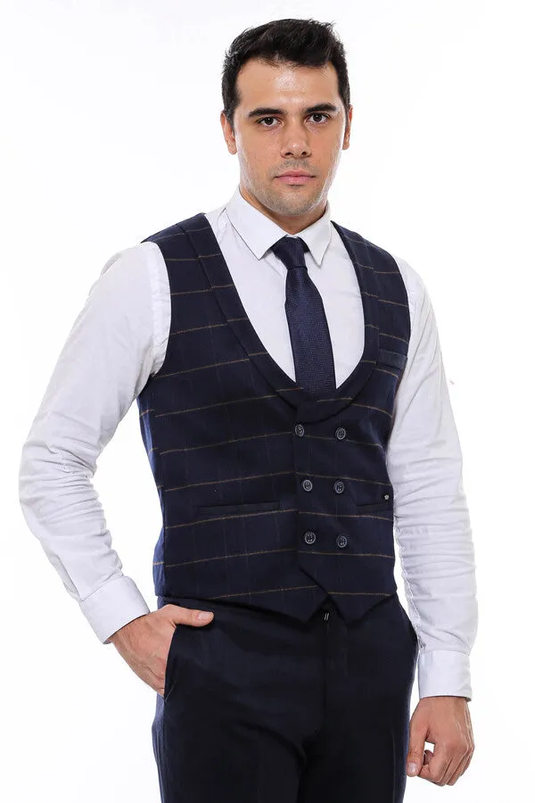 WSS Plaid Double Breasted Collared Navy Blue Men Vest  - Singen