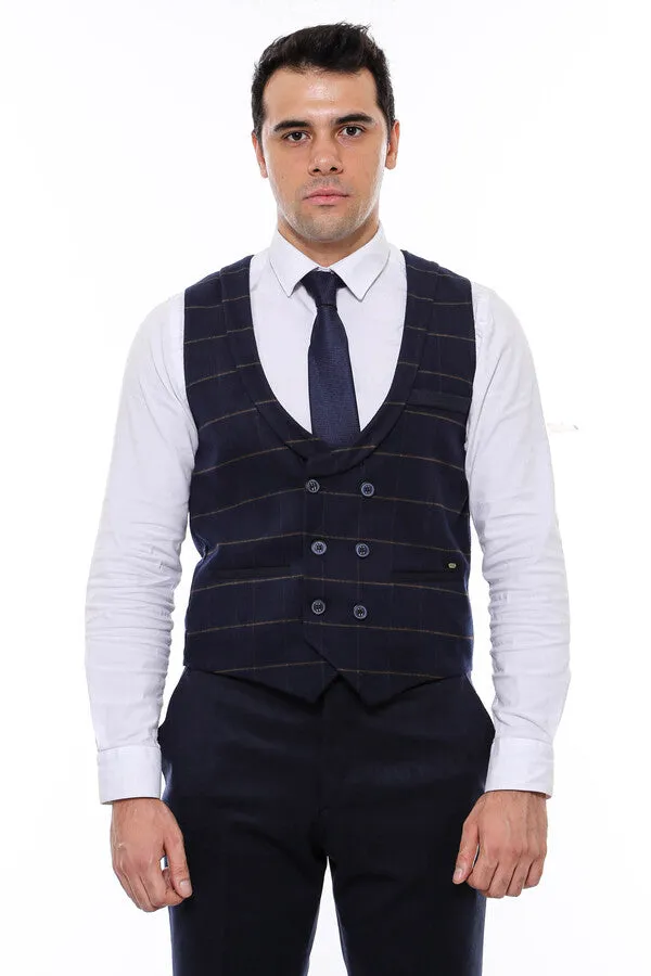 WSS Plaid Double Breasted Collared Navy Blue Men Vest  - Singen