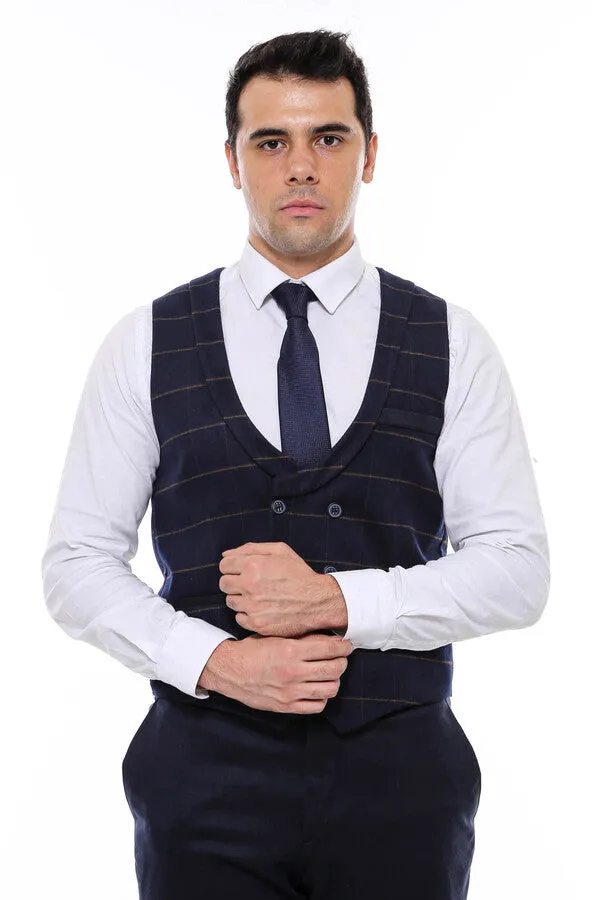 WSS Plaid Double Breasted Collared Navy Blue Men Vest  - Singen