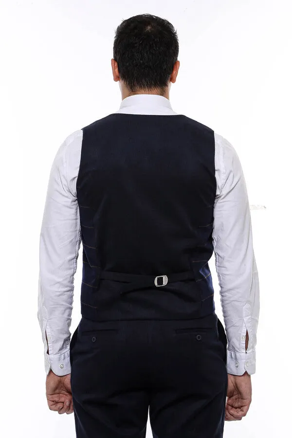 WSS Plaid Double Breasted Collared Navy Blue Men Vest  - Singen