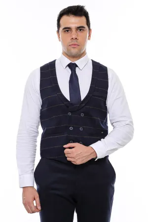 WSS Plaid Double Breasted Collared Navy Blue Men Vest  - Singen