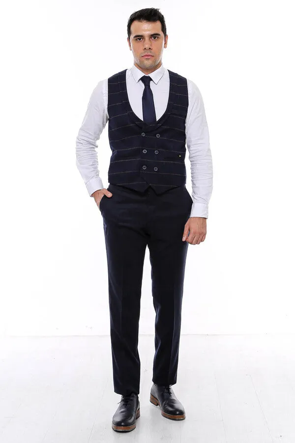 WSS Plaid Double Breasted Collared Navy Blue Men Vest  - Singen