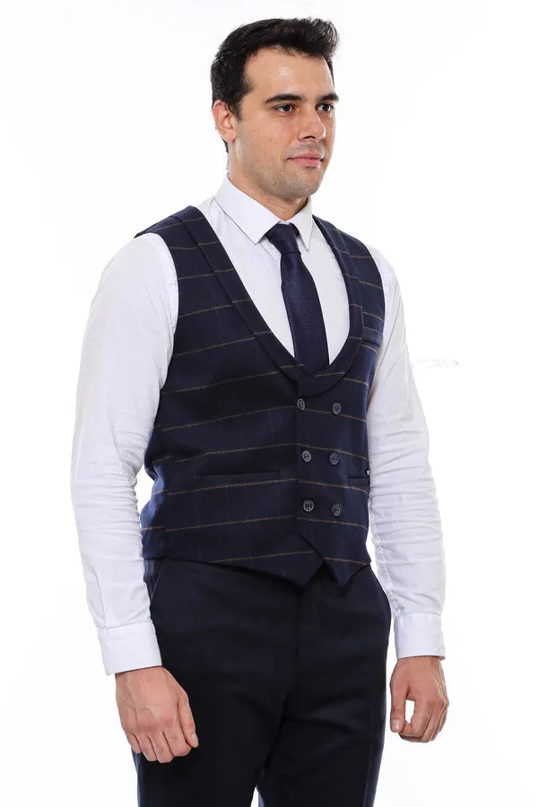 WSS Plaid Double Breasted Collared Navy Blue Men Vest  - Singen