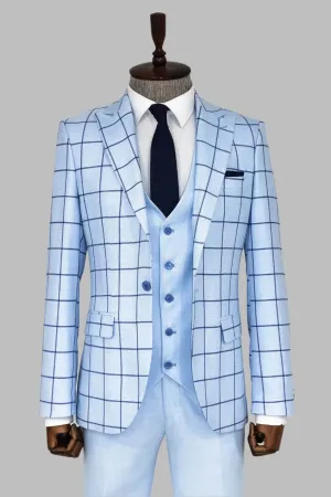 WSS Slim Fit Patterned Light Blue Men Combination Suit  - Singen
