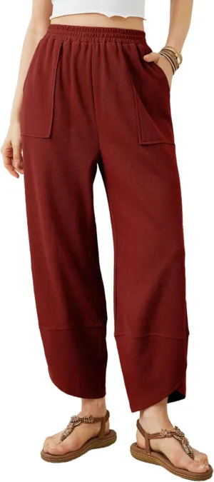 Xiaoxuemeng Womens Baggy Wide Leg Pants Casual Elastic Waisted Palazzo Harem Pants with Pockets(WineRed-XL)