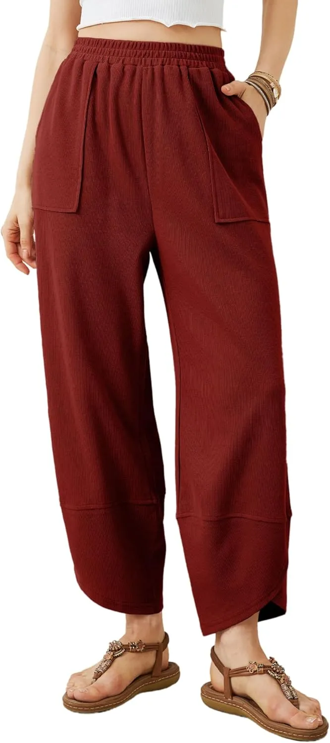 Xiaoxuemeng Womens Baggy Wide Leg Pants Casual Elastic Waisted Palazzo Harem Pants with Pockets(WineRed-XL)