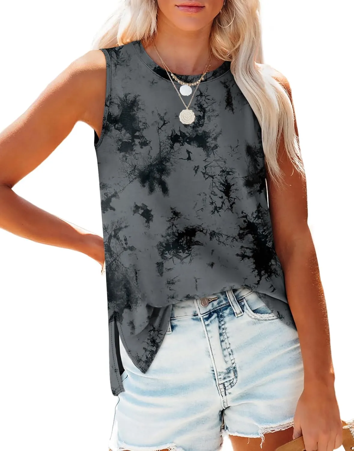 XIEERDUO Womens Tank Tops Crewneck Loose Fit Basic Casual Summer Side Split Sleeveless Shirts