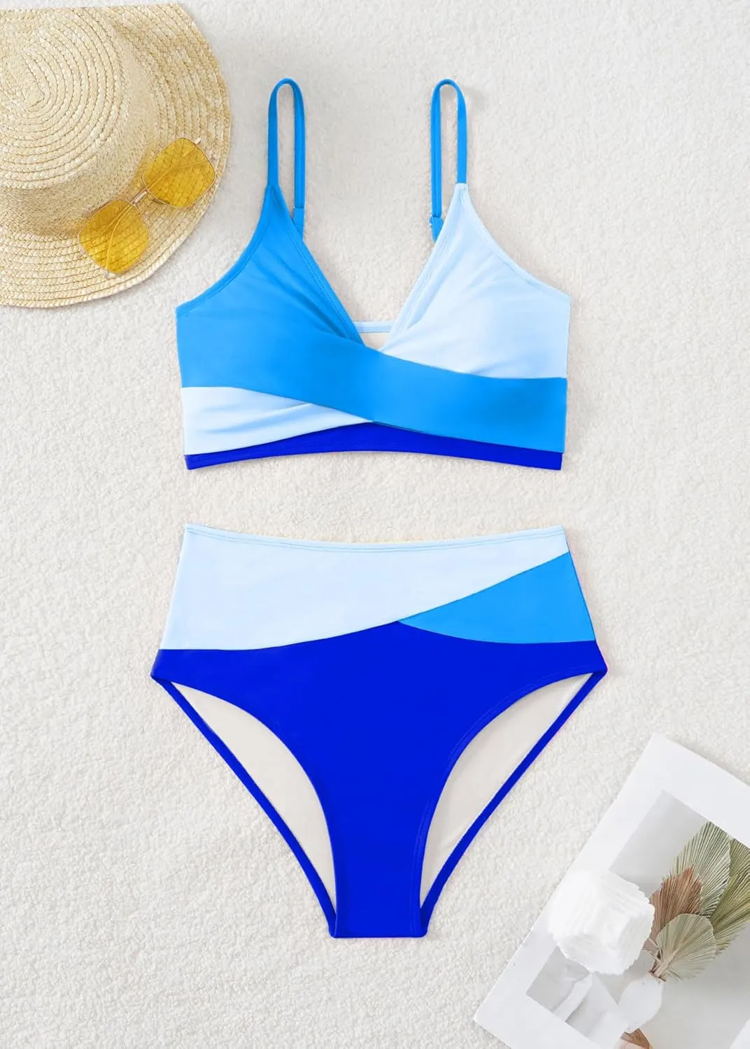 YELAIVP High Waisted Bikini Sets for Women V Neck Bathing Suit for Women Tummy Control Two Piece Swimsuits Swimwear