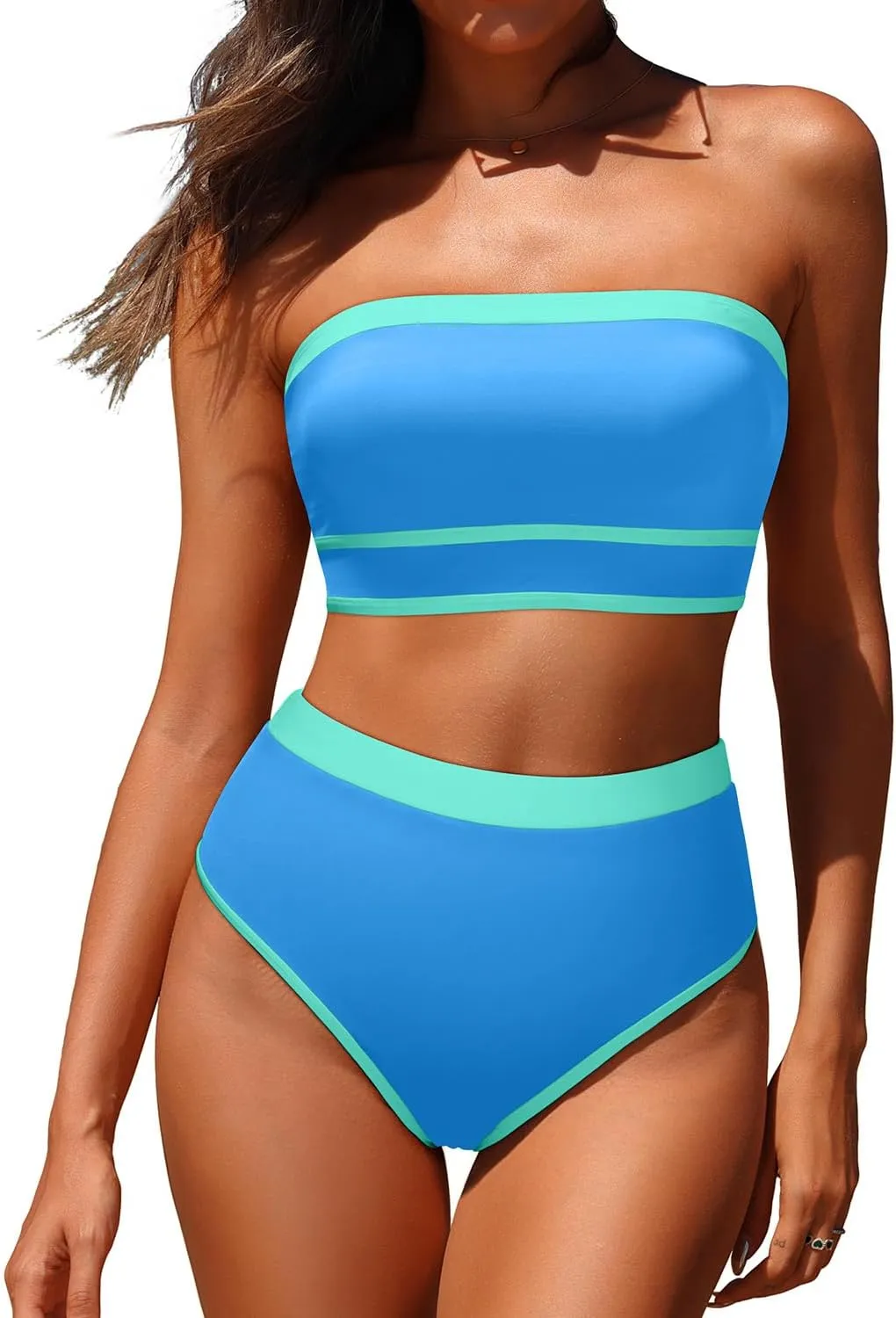 Yonique Bandeau Bikini Strapless Swimsuit - Two Piece High Waisted Bathing Suits