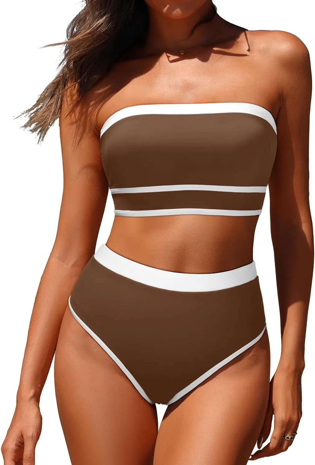 Yonique Bandeau Bikini Strapless Swimsuit - Two Piece High Waisted Bathing Suits