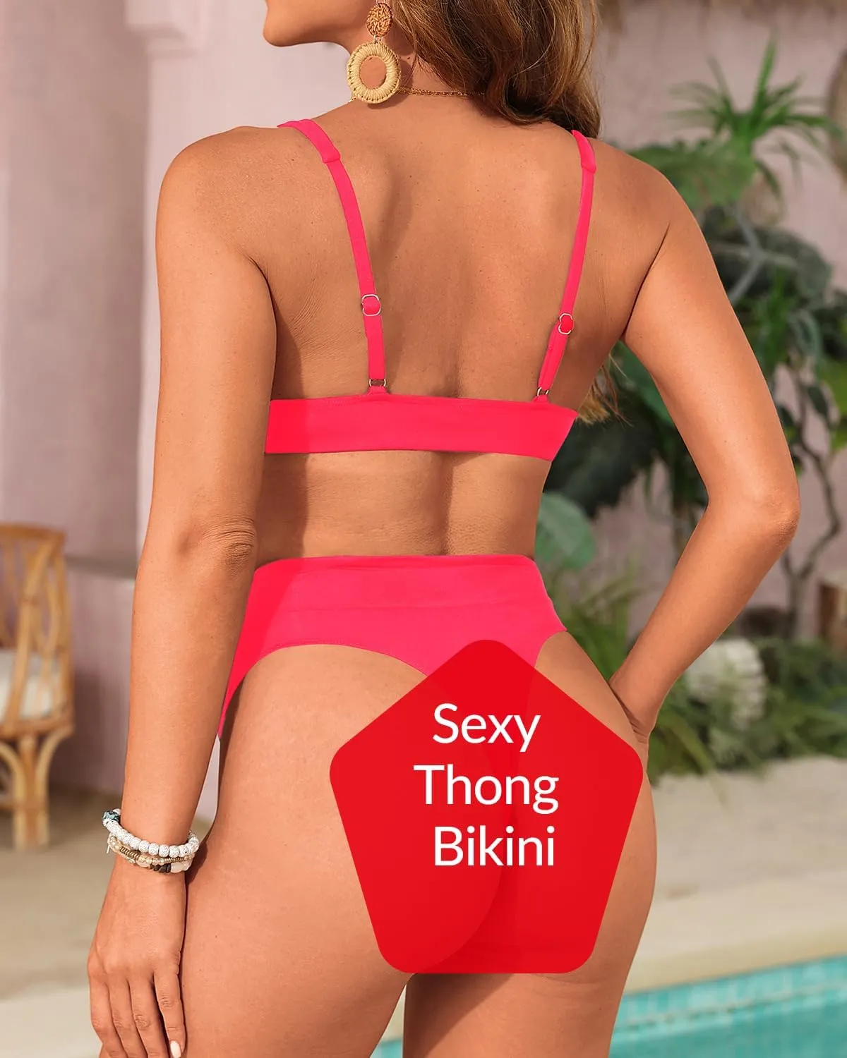 Yonique Thong Bikini Set High Waisted Two Piece Swimsuit High Cut Bikini V Neck Bathing Suit