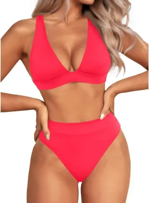 Yonique Thong Bikini Set High Waisted Two Piece Swimsuit High Cut Bikini V Neck Bathing Suit