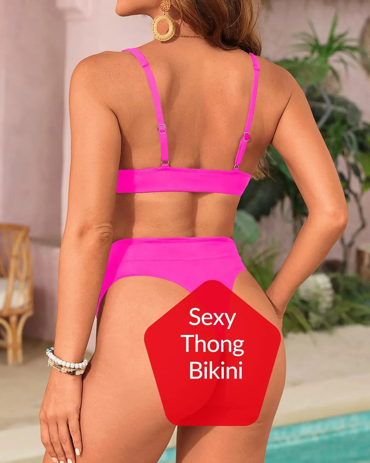 Yonique Thong Bikini Set High Waisted Two Piece Swimsuit High Cut Bikini V Neck Bathing Suit