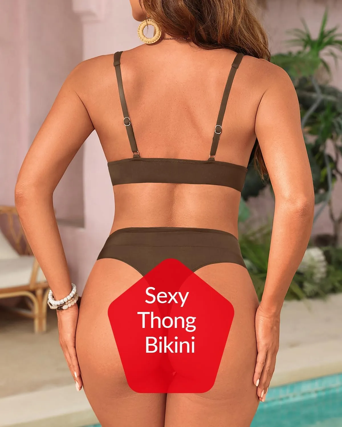Yonique Thong Bikini Set High Waisted Two Piece Swimsuit High Cut Bikini V Neck Bathing Suit