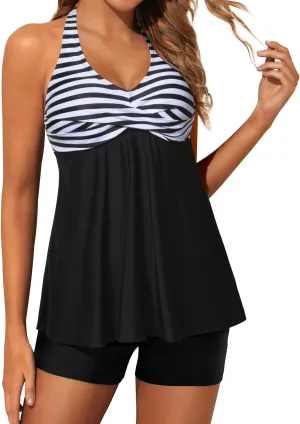 Yonique Two Piece Tankini Swimsuits for Women with Shorts Halter V Neck Bathing Suits Flowy Twist Front Swimwear