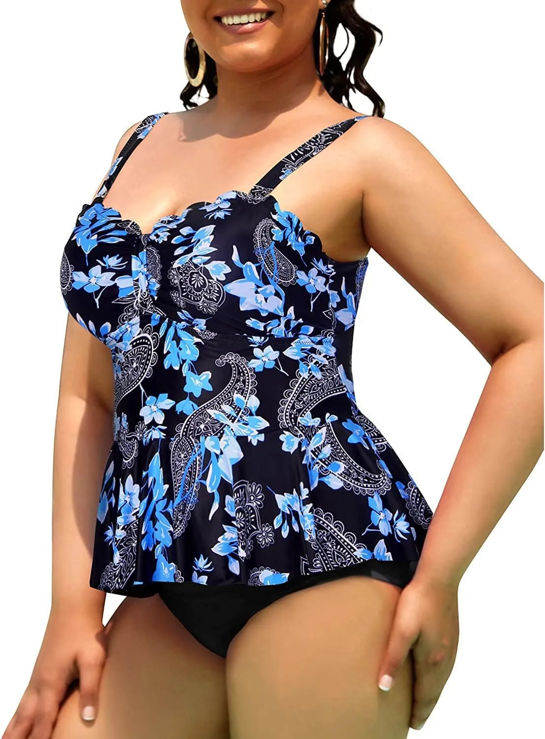 Yonique Women Plus Size 2 Piece Tankini Swimsuits Ruched Bathing Suits Peplum Swimwear Scalloped Swimsuits