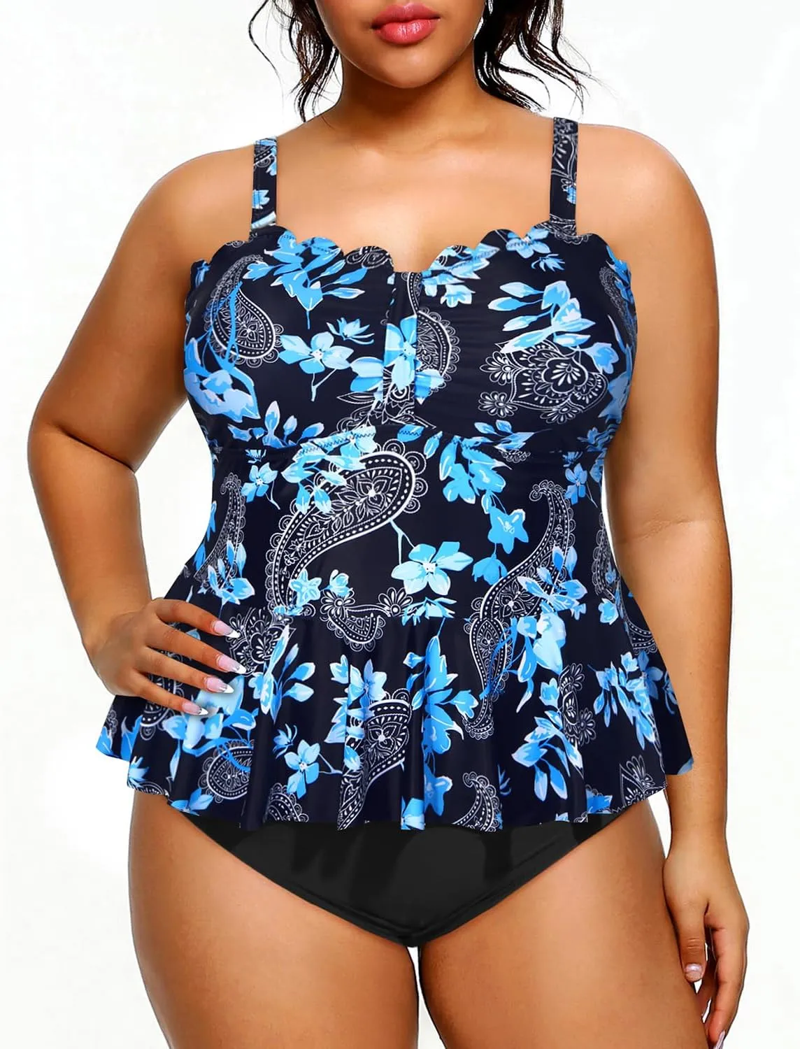 Yonique Women Plus Size 2 Piece Tankini Swimsuits Ruched Bathing Suits Peplum Swimwear Scalloped Swimsuits