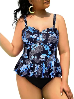 Yonique Women Plus Size 2 Piece Tankini Swimsuits Ruched Bathing Suits Peplum Swimwear Scalloped Swimsuits
