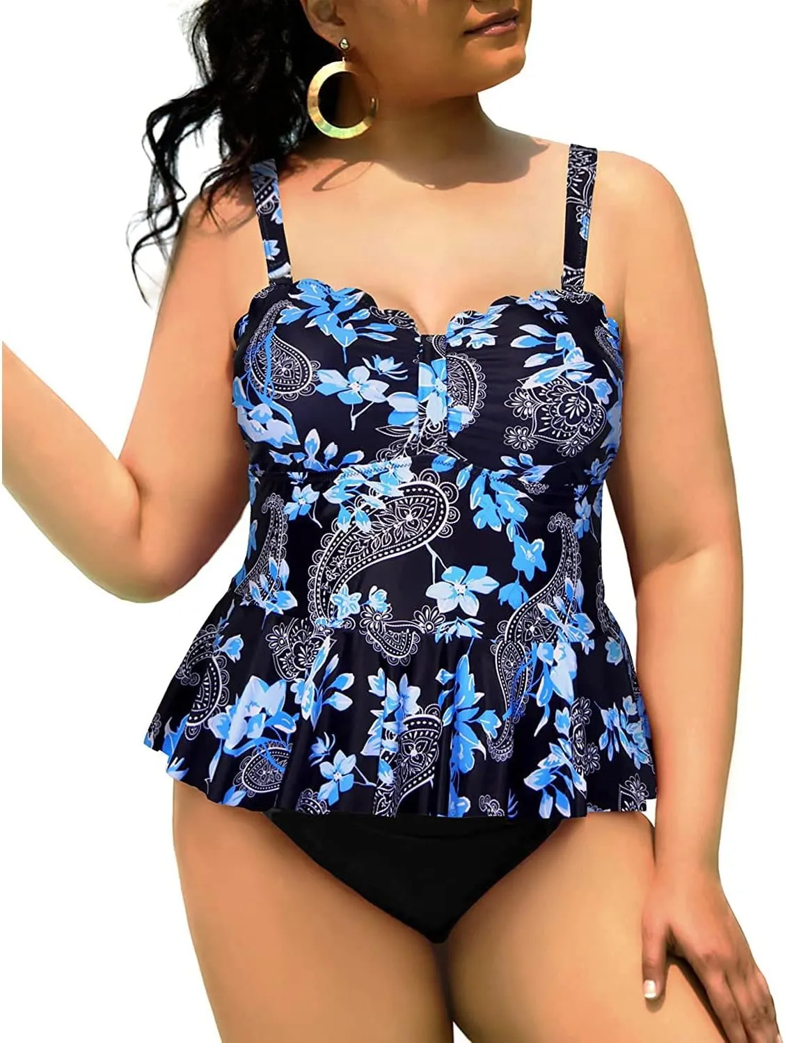 Yonique Women Plus Size 2 Piece Tankini Swimsuits Ruched Bathing Suits Peplum Swimwear Scalloped Swimsuits