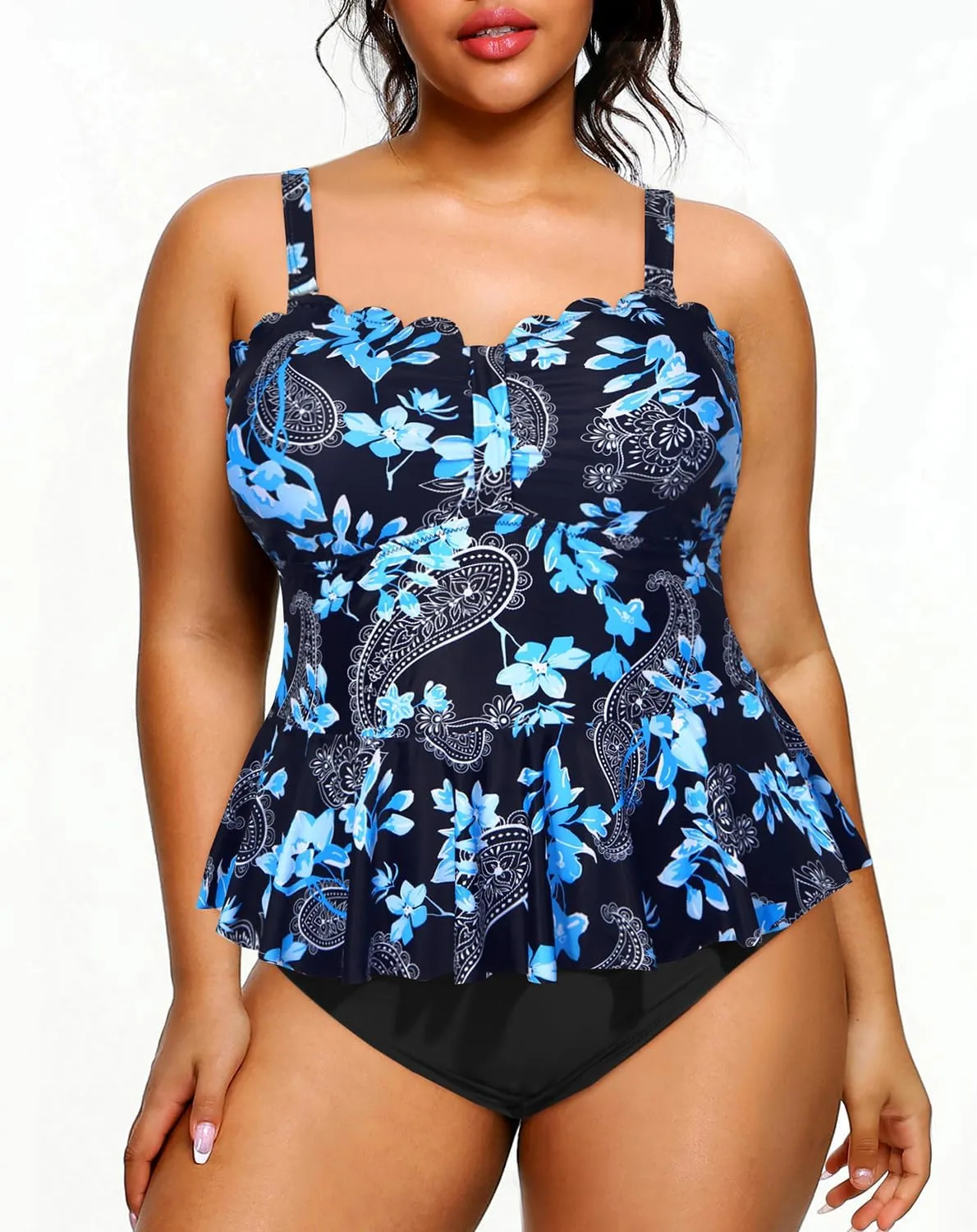 Yonique Women Plus Size 2 Piece Tankini Swimsuits Ruched Bathing Suits Peplum Swimwear Scalloped Swimsuits