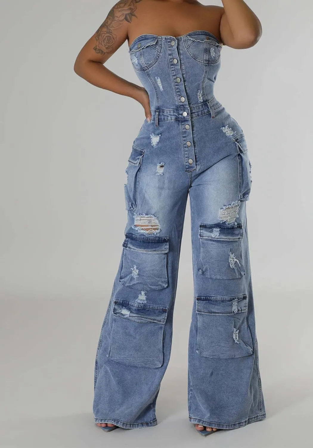 YOOTIKO Women's Ripped Cargo Denim Jumpsuit Strapless Multi Pockets Straight Leg Jeans Jean Romper