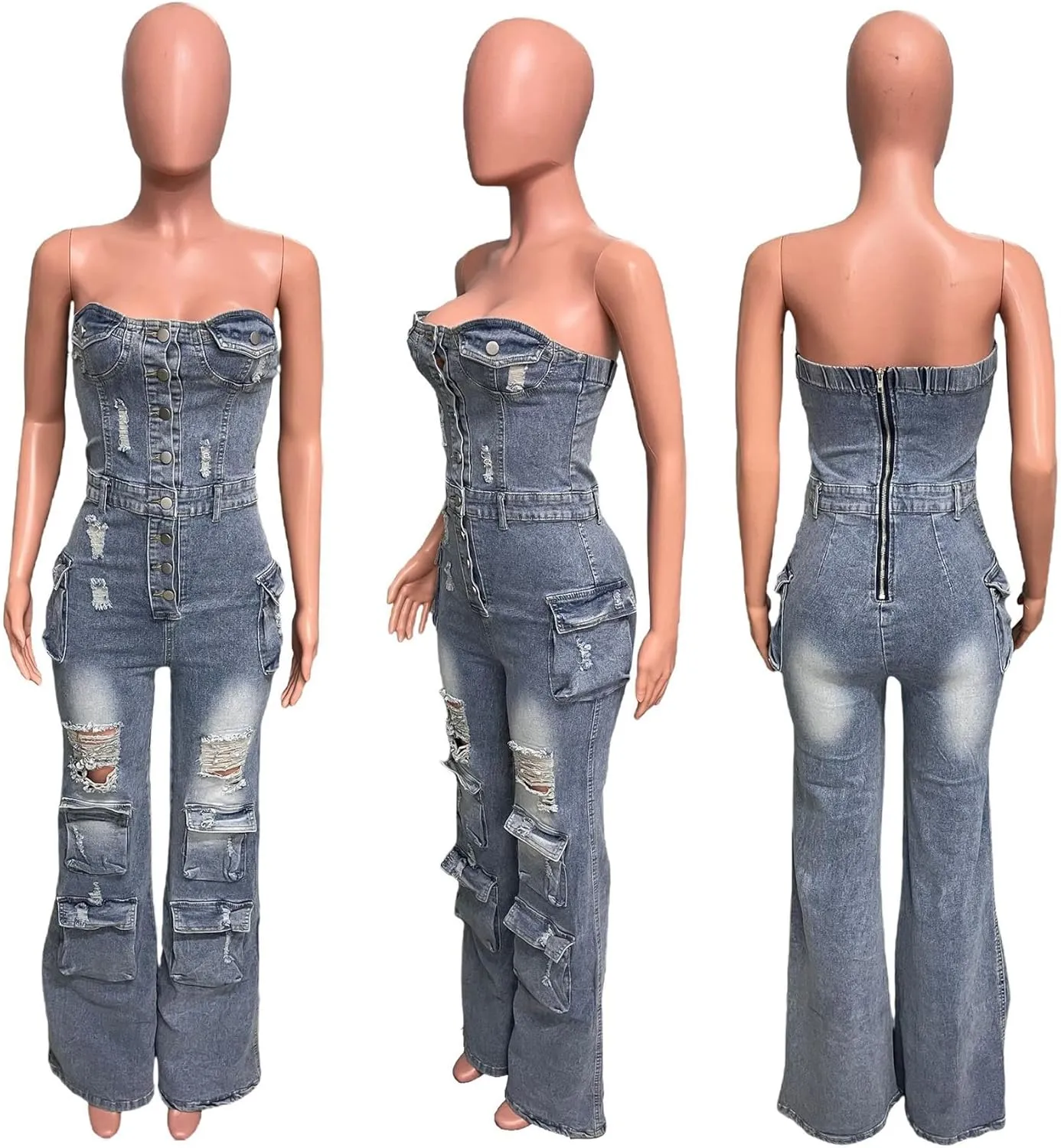 YOOTIKO Women's Ripped Cargo Denim Jumpsuit Strapless Multi Pockets Straight Leg Jeans Jean Romper