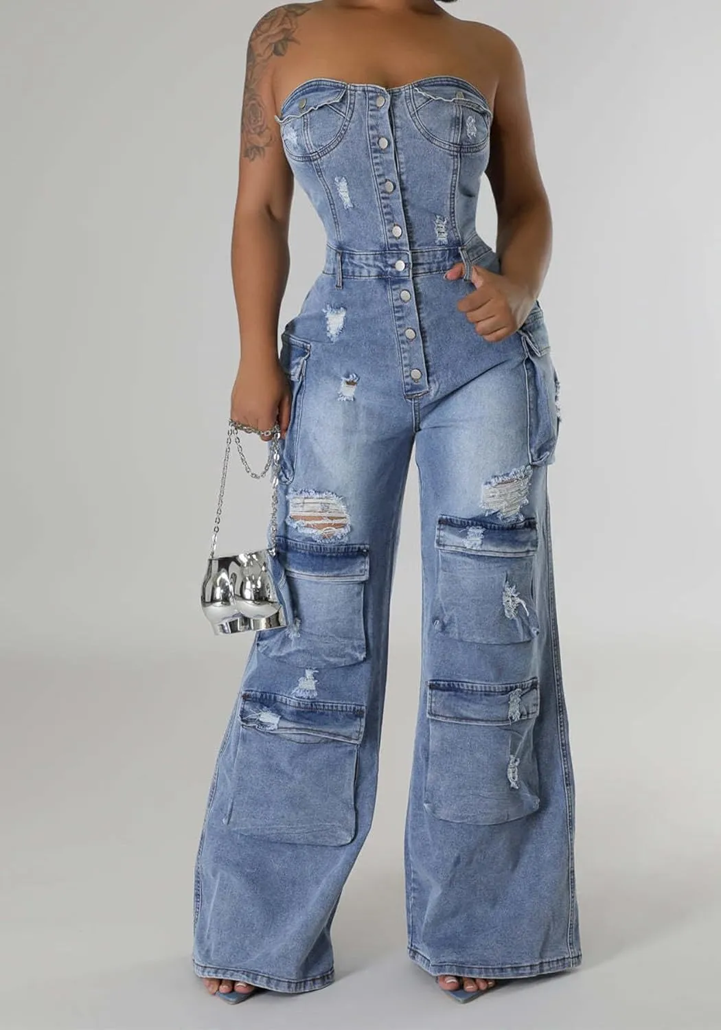 YOOTIKO Women's Ripped Cargo Denim Jumpsuit Strapless Multi Pockets Straight Leg Jeans Jean Romper