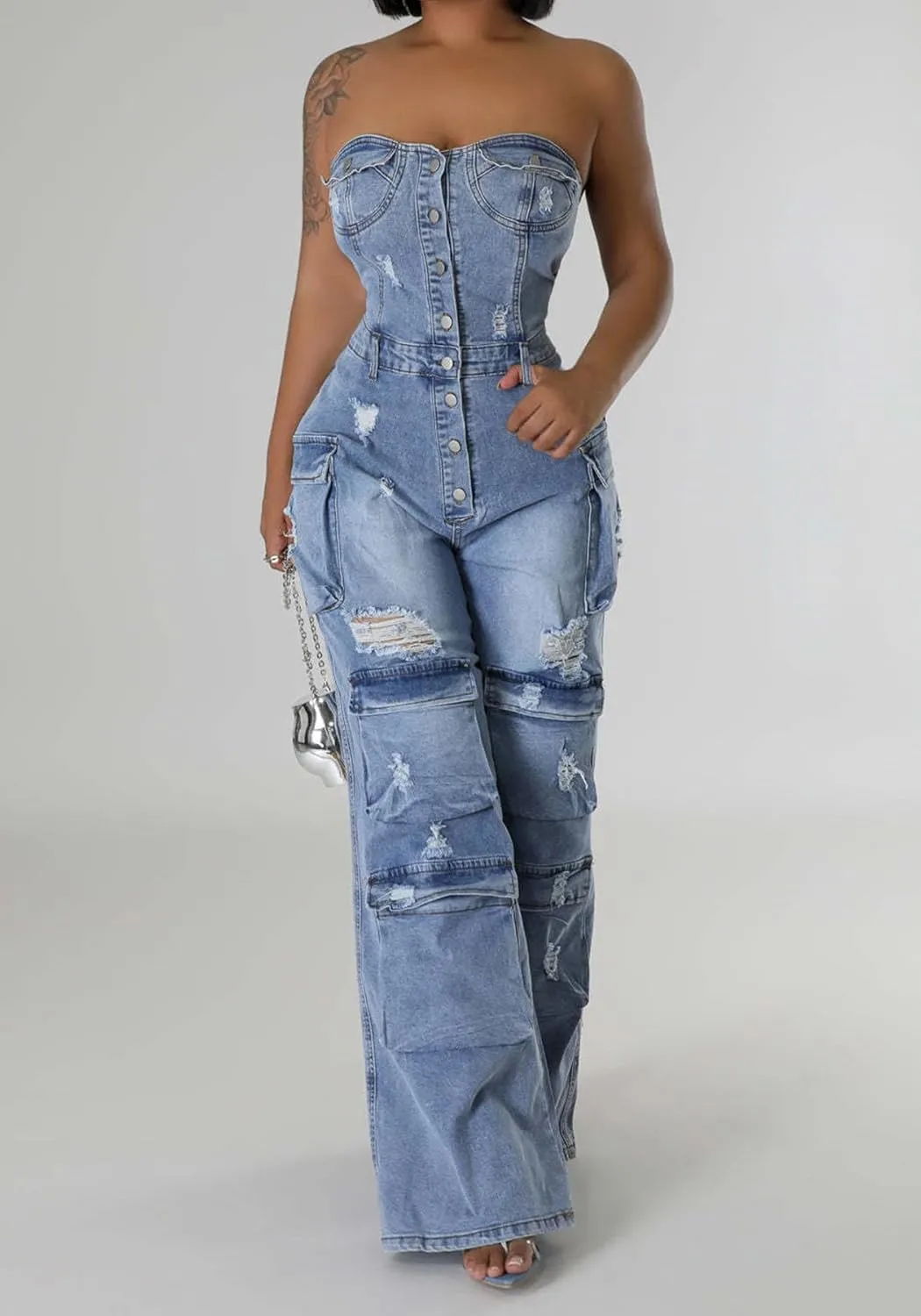 YOOTIKO Women's Ripped Cargo Denim Jumpsuit Strapless Multi Pockets Straight Leg Jeans Jean Romper