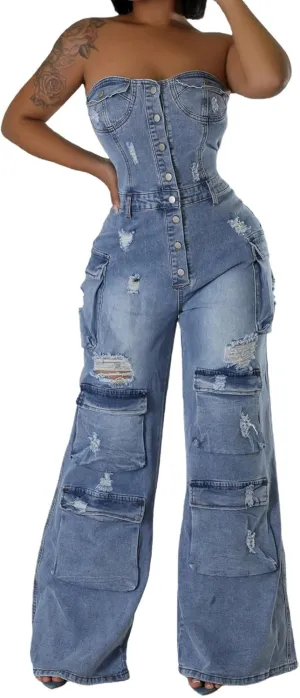 YOOTIKO Women's Ripped Cargo Denim Jumpsuit Strapless Multi Pockets Straight Leg Jeans Jean Romper