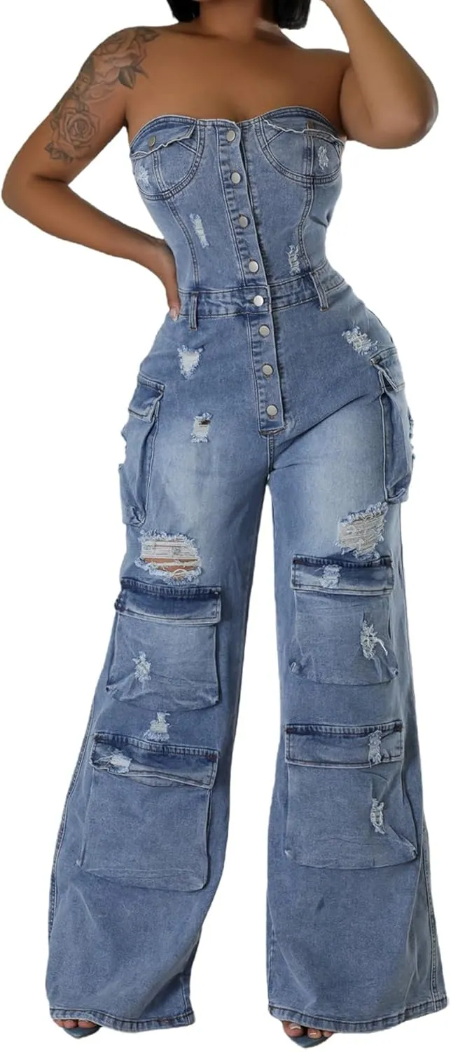 YOOTIKO Women's Ripped Cargo Denim Jumpsuit Strapless Multi Pockets Straight Leg Jeans Jean Romper