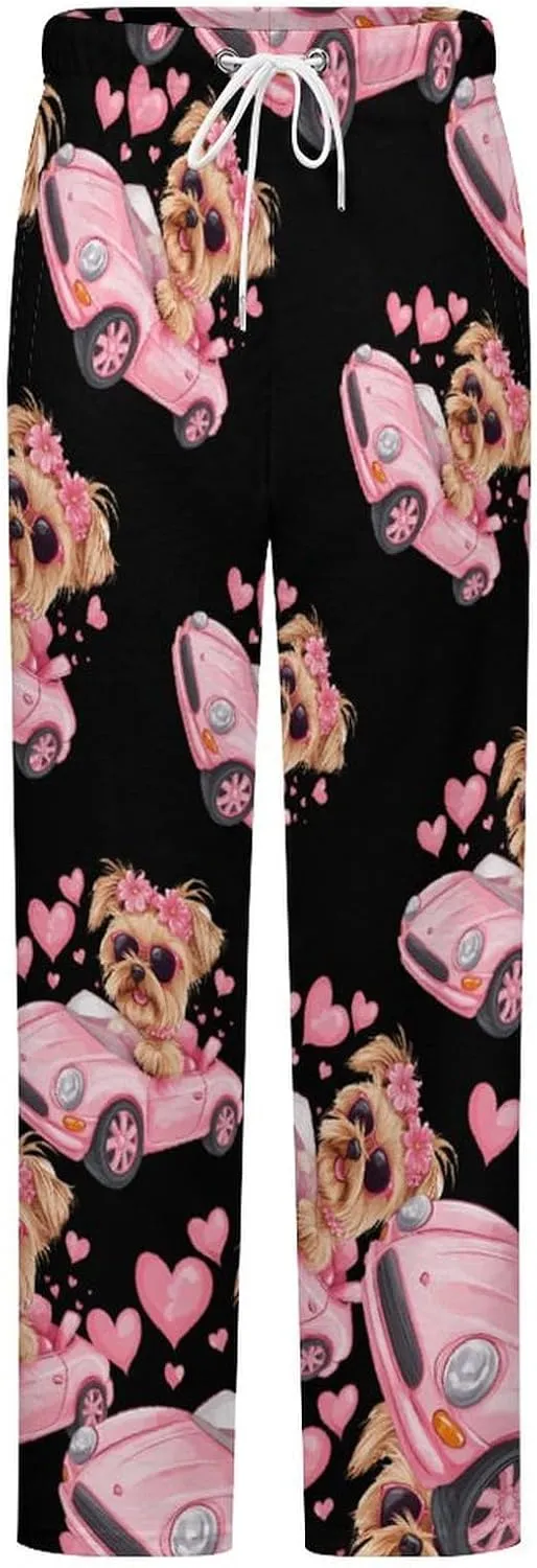 Yorkshire Terrier Sports Car Women's Pajama Pants Fleece Warm Pj Bottoms Sleepwear Lounge Pants Loungewear