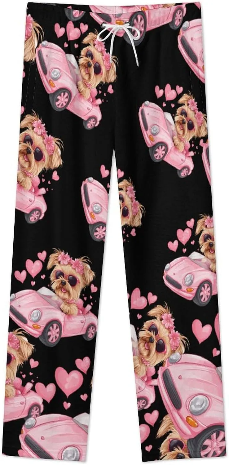 Yorkshire Terrier Sports Car Women's Pajama Pants Fleece Warm Pj Bottoms Sleepwear Lounge Pants Loungewear