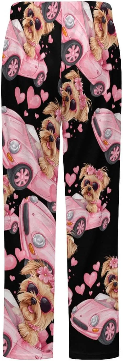 Yorkshire Terrier Sports Car Women's Pajama Pants Fleece Warm Pj Bottoms Sleepwear Lounge Pants Loungewear
