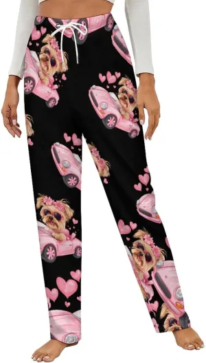 Yorkshire Terrier Sports Car Women's Pajama Pants Fleece Warm Pj Bottoms Sleepwear Lounge Pants Loungewear