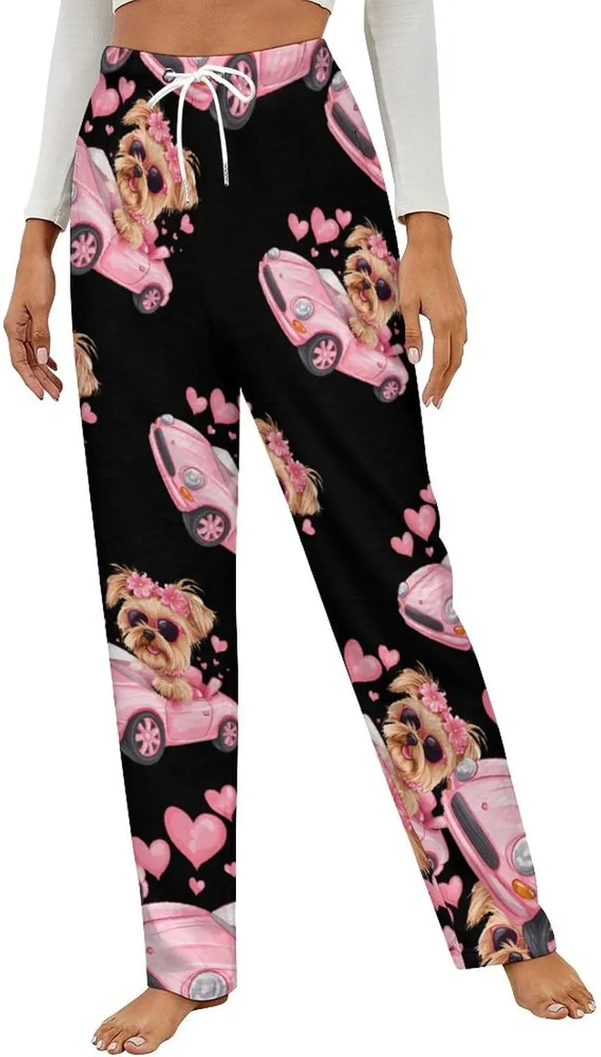 Yorkshire Terrier Sports Car Women's Pajama Pants Fleece Warm Pj Bottoms Sleepwear Lounge Pants Loungewear