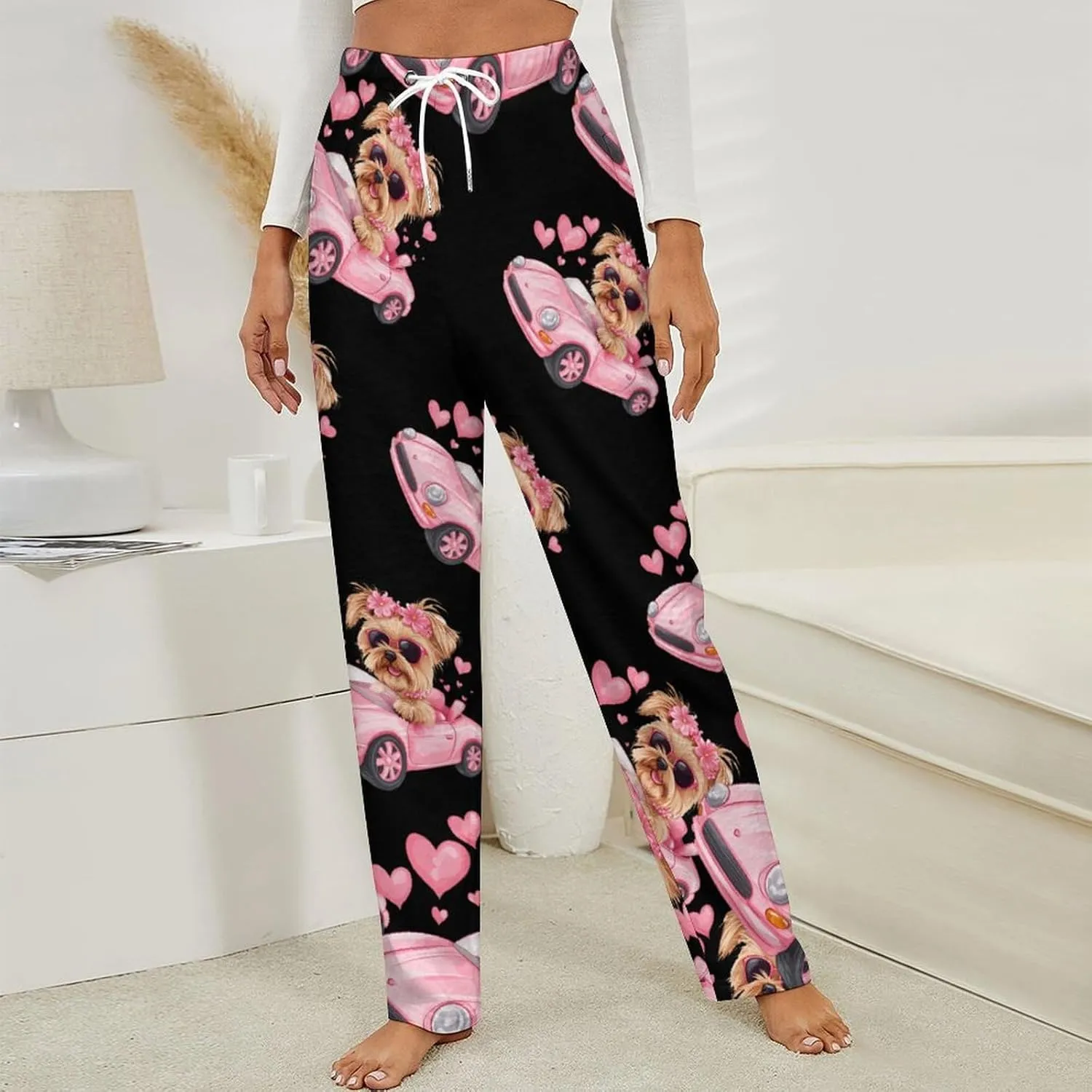 Yorkshire Terrier Sports Car Women's Pajama Pants Fleece Warm Pj Bottoms Sleepwear Lounge Pants Loungewear