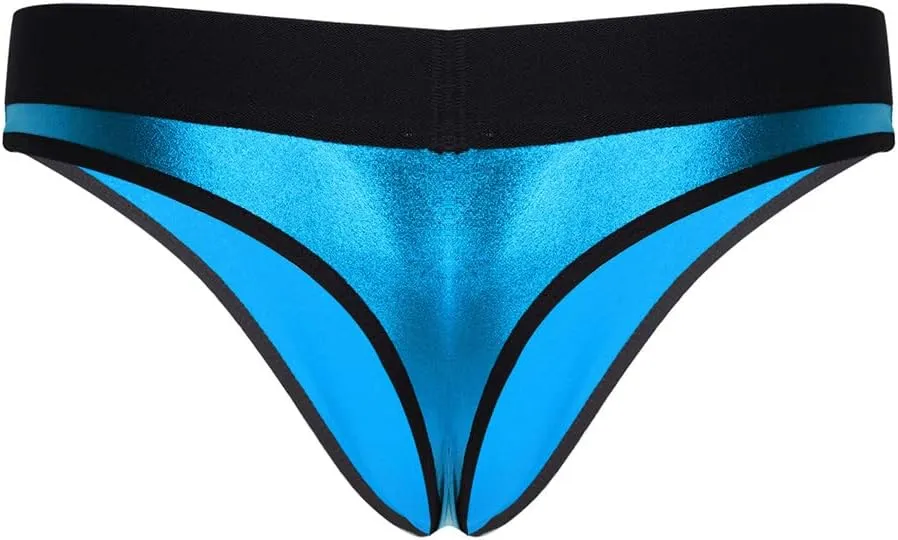 Youllyuu Men Metallic PU Leather Bulge Pouch Briefs Sissy Panties Low Waist Elastic Waistband T-Back Thongs