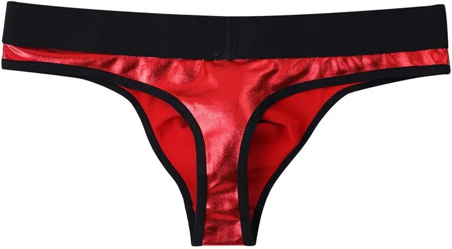 Youllyuu Men Metallic PU Leather Bulge Pouch Briefs Sissy Panties Low Waist Elastic Waistband T-Back Thongs
