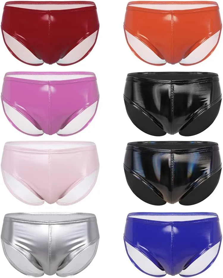 Youllyuu Mens PU Leather Panties Glossy Bulge Pouch Boxer Briefs Elastic Waistband Underpants Clubwear