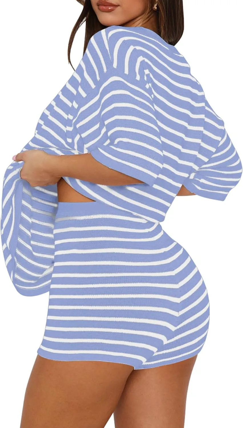 Yousify 2 Piece Sweater Set for Womens Summer Short Sleeve Tops Striped Matching Shorts Lounge Sets S-2XL