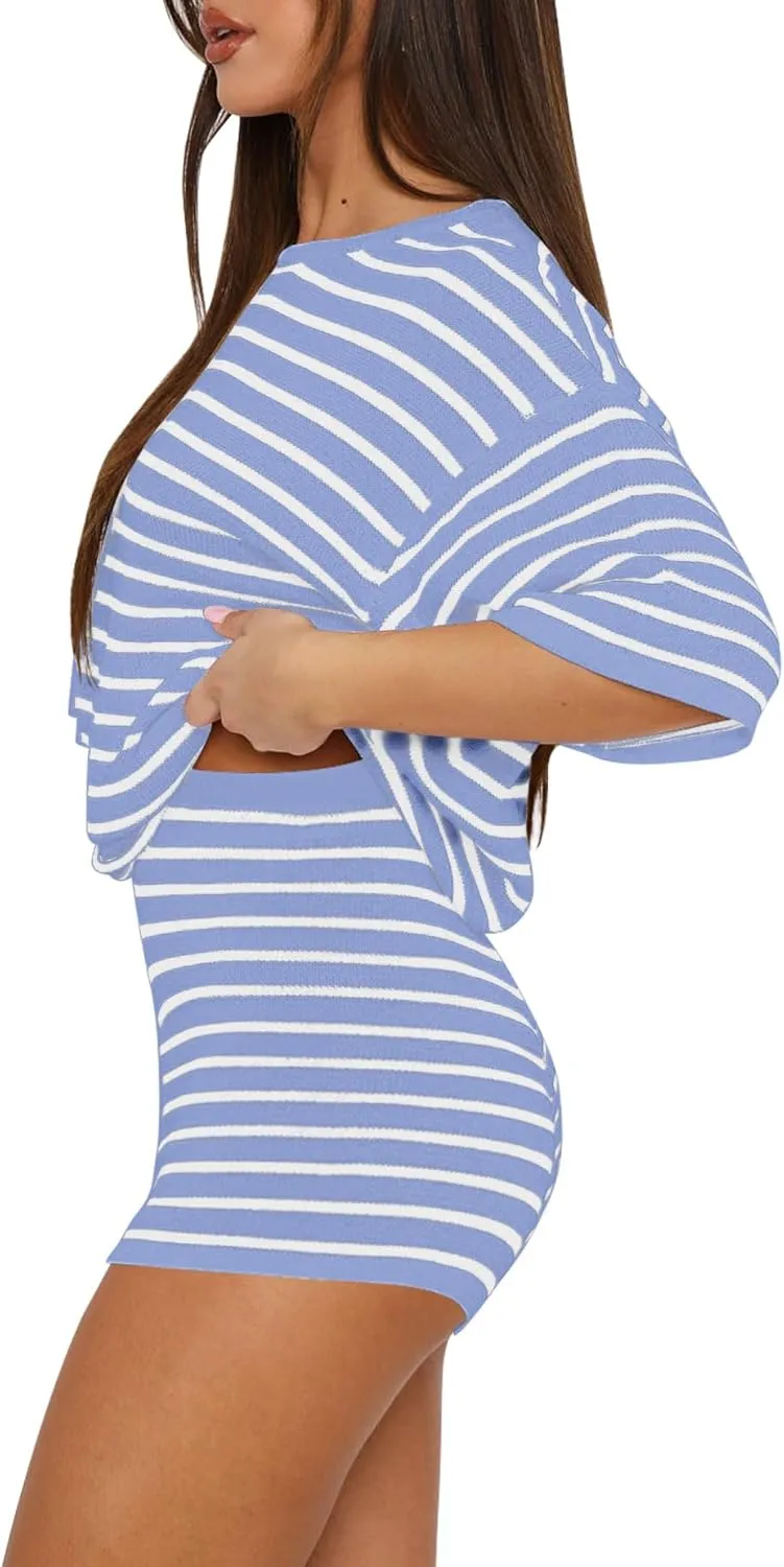 Yousify 2 Piece Sweater Set for Womens Summer Short Sleeve Tops Striped Matching Shorts Lounge Sets S-2XL