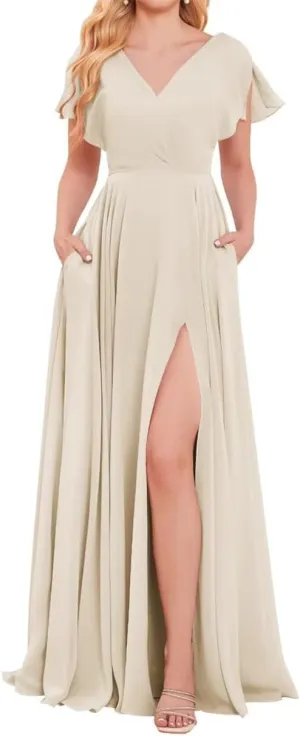 YRGERATON Short Sleeve Wedding Bridesmaid Dresses Flowy Chiffon Formal Evening Prom Gown with Slit Pockets