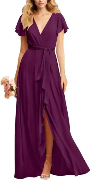 YRGERATON V-Neck Wedding Bridesmaid Dresses with Slit Ruched Chiffon Short Sleeve Formal Evening Prom Gown